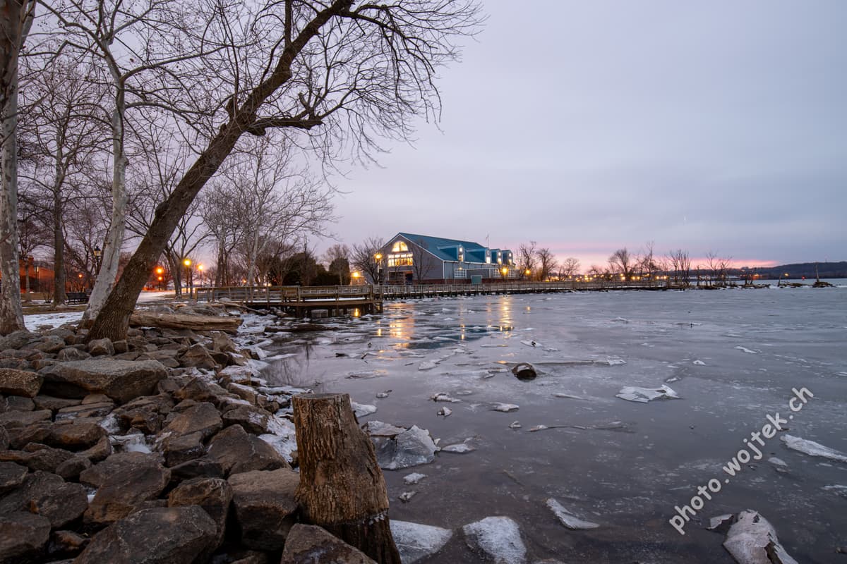 Frozen waterfront with pier Washington DC USA
