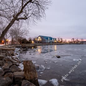 Frozen waterfront with pier Washington DC USA