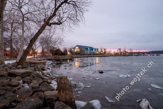 Frozen waterfront with pier Washington DC USA
