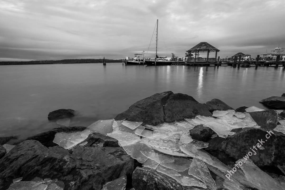 Frozen shoreline and boats Washington DC USA