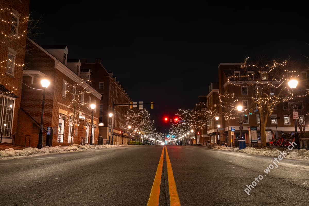 Empty decorated street at night, Washington DC