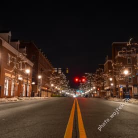 Empty decorated street at night, Washington DC