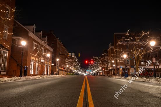 Empty decorated street at night, Washington DC