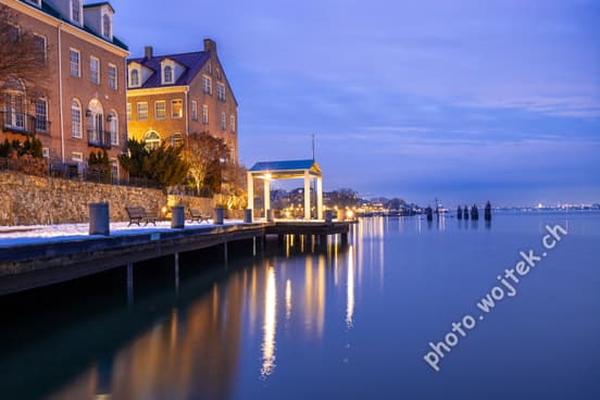 Waterfront homes and pier at dusk Washington DC