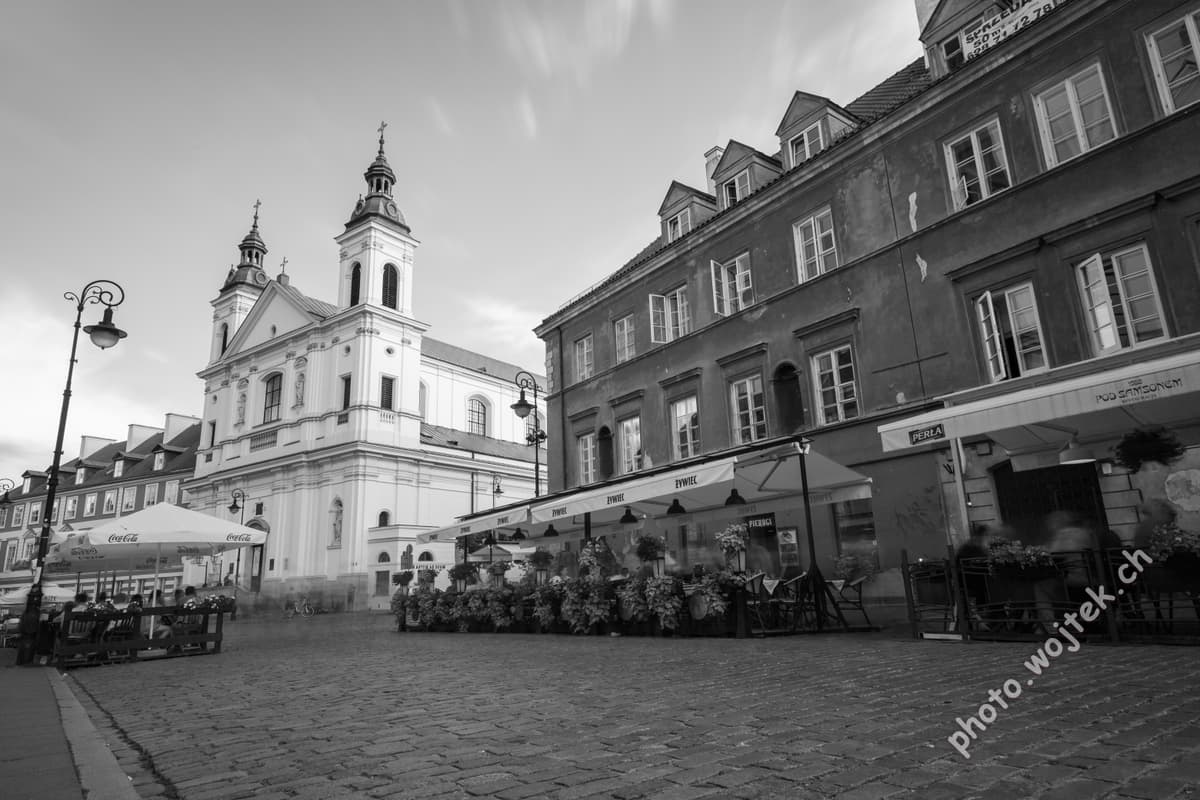 Church and outdoor cafes, Warsaw Poland
