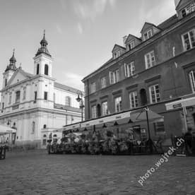 Church and outdoor cafes, Warsaw Poland