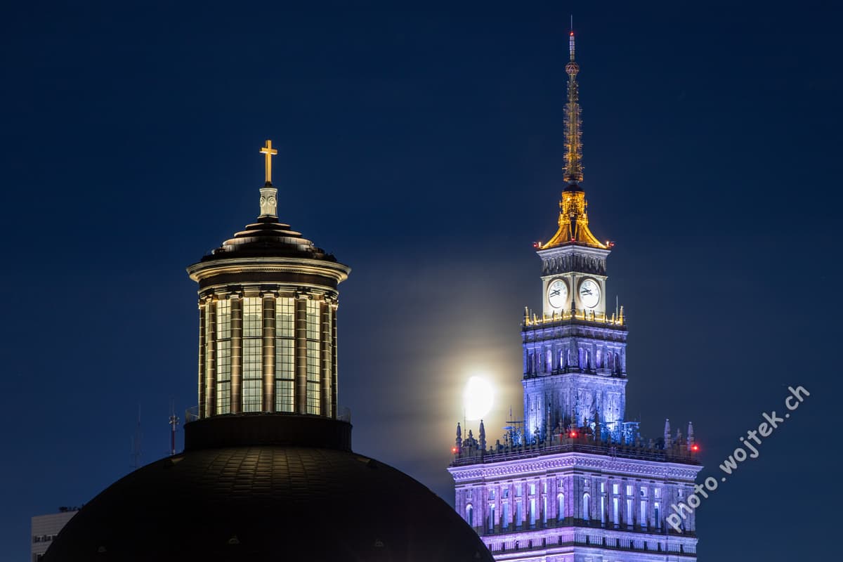 Palace of Culture and Science with Moon Warsaw Poland