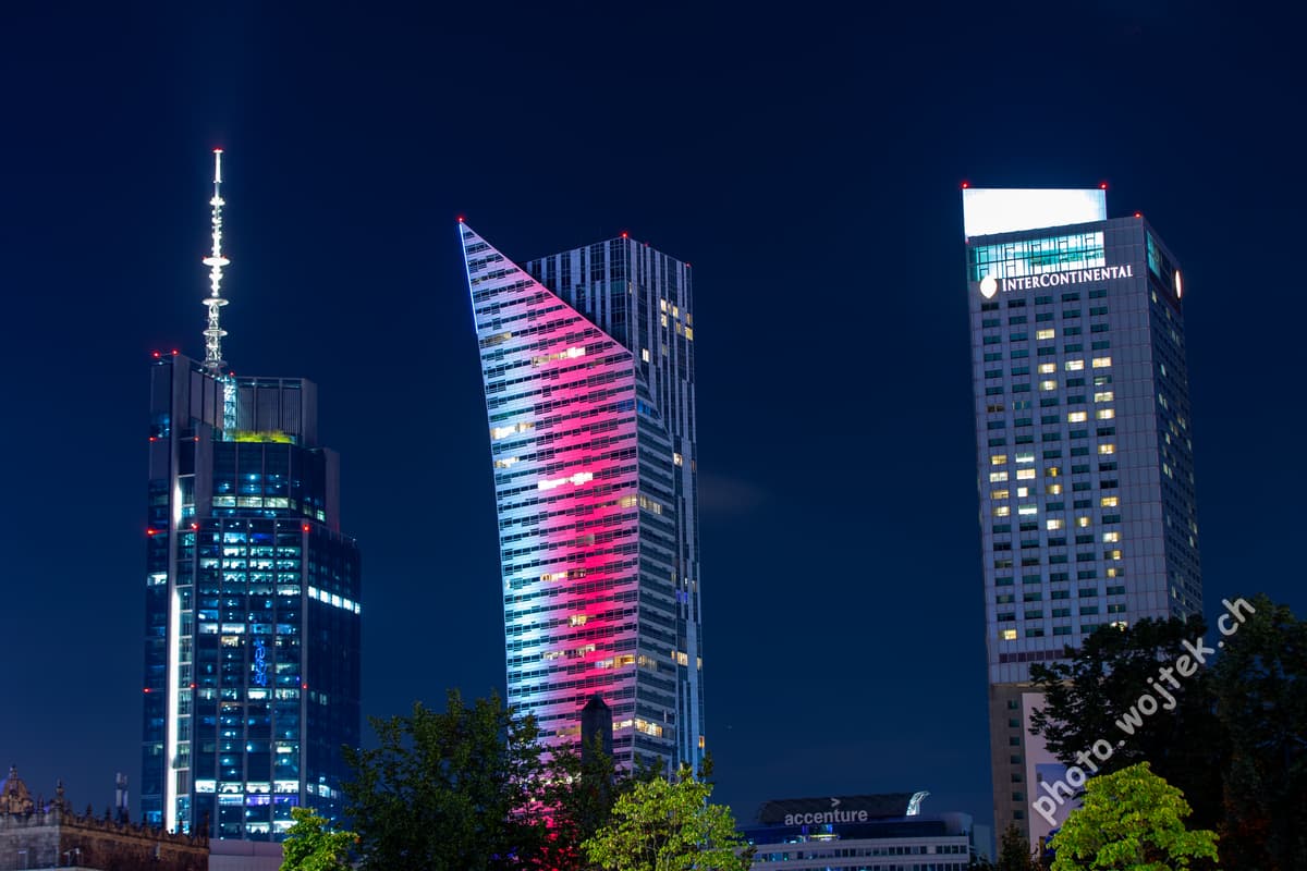 Warsaw skyscrapers at night Poland