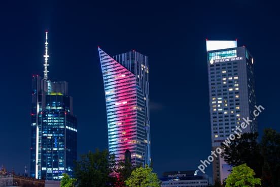 Warsaw skyscrapers at night Poland