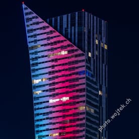 Illuminated modern skyscraper Warsaw Poland