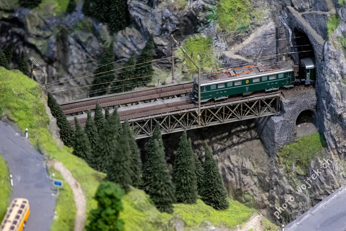 Model train crossing bridge Swiss Museum of Transport Luzern