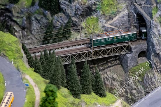 Model train crossing bridge Swiss Museum of Transport Luzern
