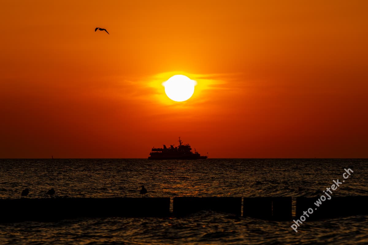 Sunset with Ship and Seagulls Kolobrzeg Poland