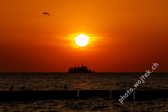 Sunset with Ship and Seagulls Kolobrzeg Poland