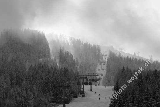 Skiers and Gondolas in Snowy Forest Schladming Austria