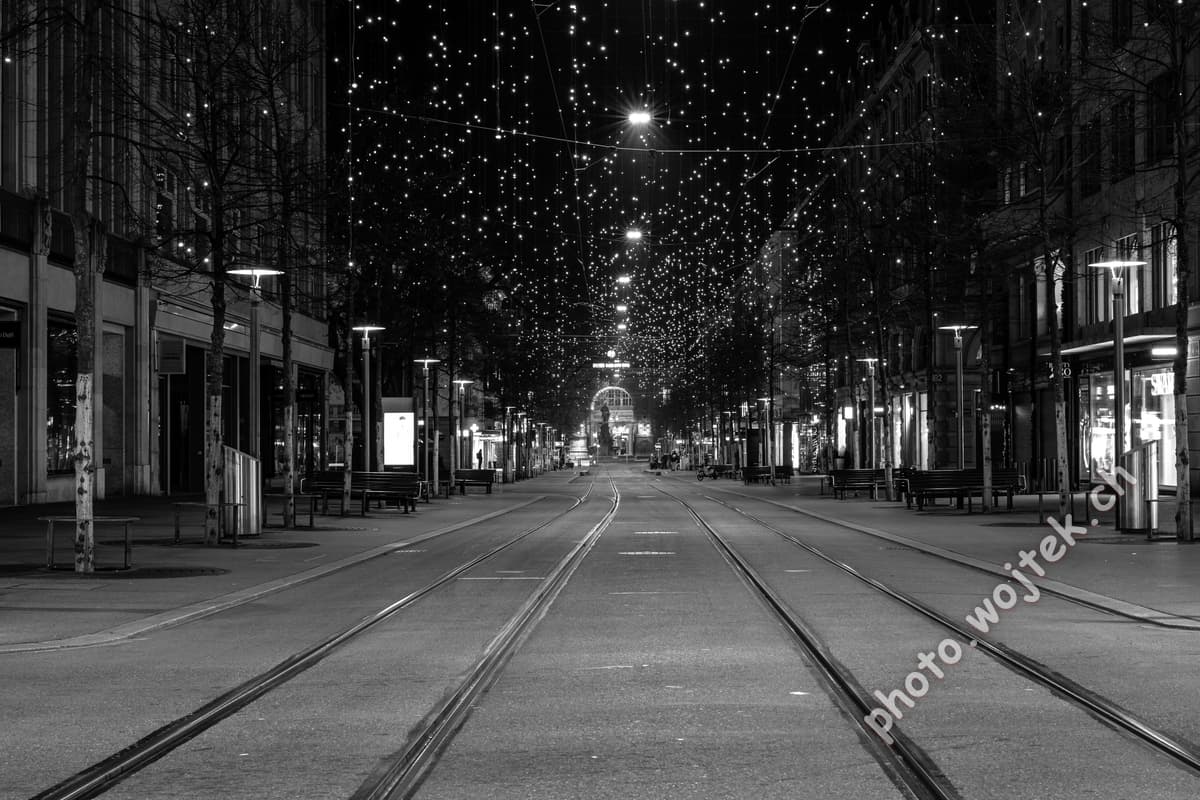 Empty tram tracks with festive lights Zürich Switzerland