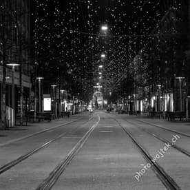 Empty tram tracks with festive lights Zürich Switzerland