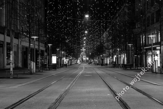 Empty tram tracks with festive lights Zürich Switzerland