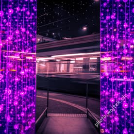 Light installation and tram at night Zürich