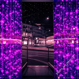 Purple light installation and tram at night, Zürich