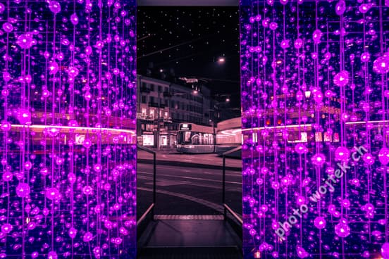Purple light installation and tram at night, Zürich
