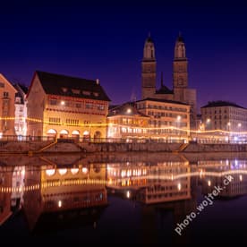 Historic buildings reflection at night Zürich Switzerland