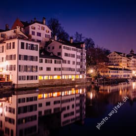 Riverside Houses Reflection at Night Zürich Switzerland