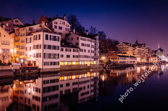 Riverside Houses Reflection at Night Zürich Switzerland