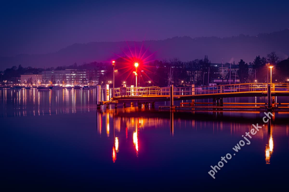 Harbor pier with red light Zürich Switzerland