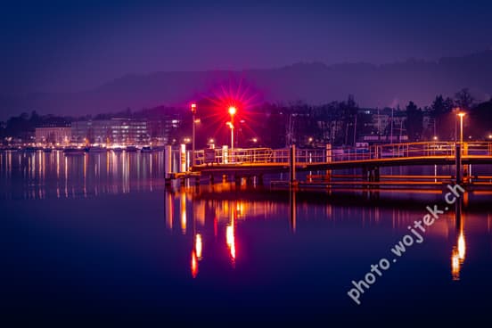 Harbor pier with red light Zürich Switzerland