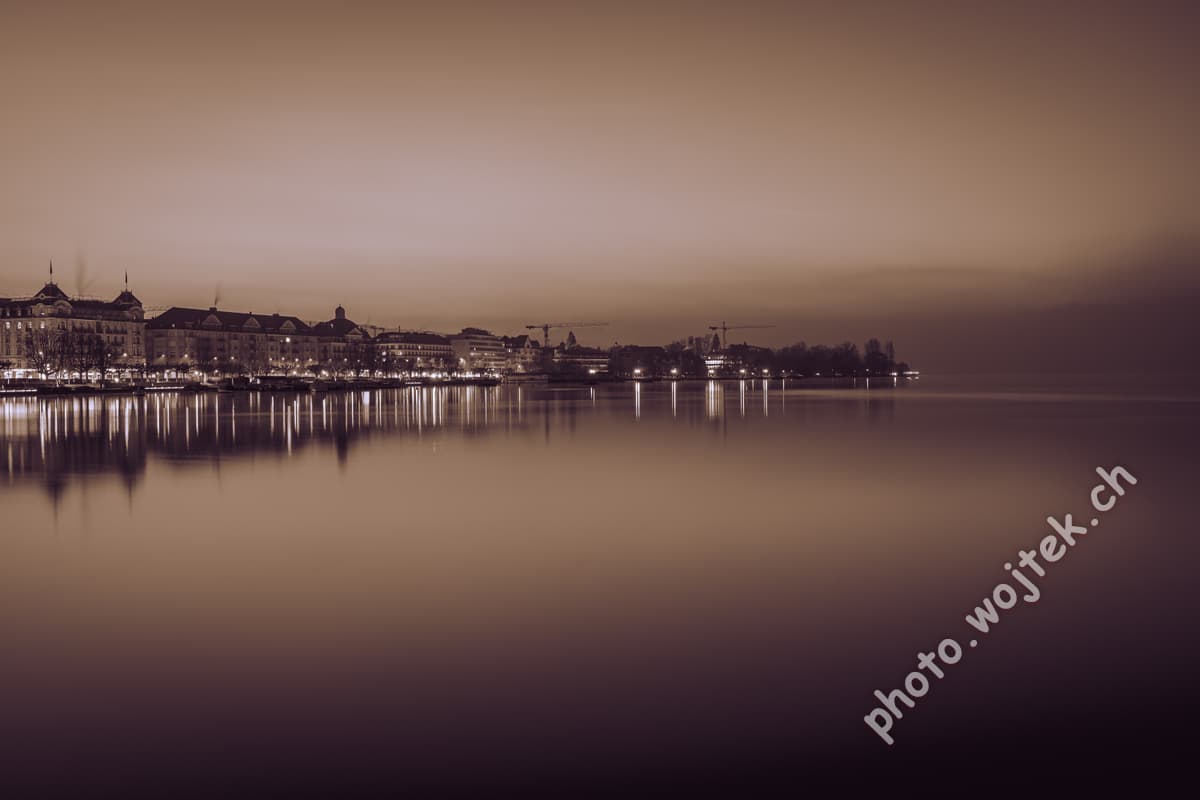 Lake Zurich waterfront at night, Zürich Switzerland